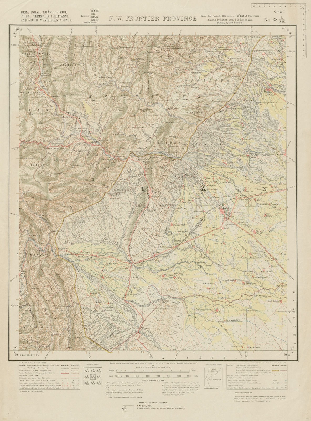 SURVEY OF INDIA 38 L/SW Pakistan Khyber Pakhtunkhwa Tank Jandola Kotkai 1931 map